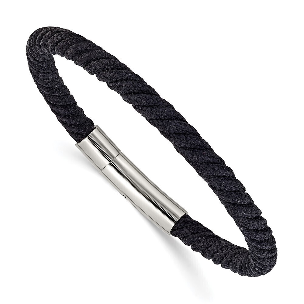 Kazi Luxury Stainless Steel Polished Black Nylon Cord 8in Bracelet